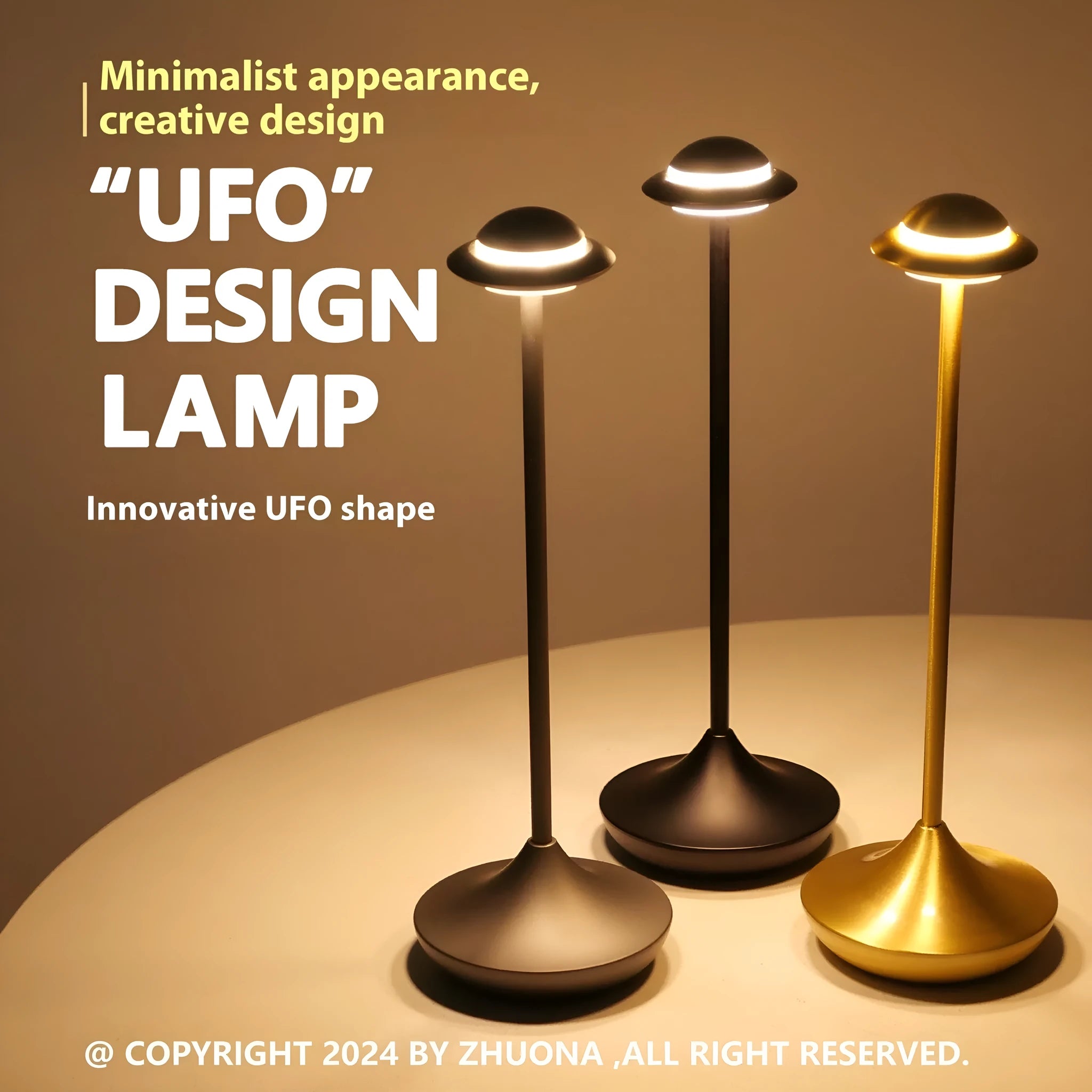 Modern metal UFO-shaped table lamp in black, gold, or grey with touch-sensitive dimming controls.