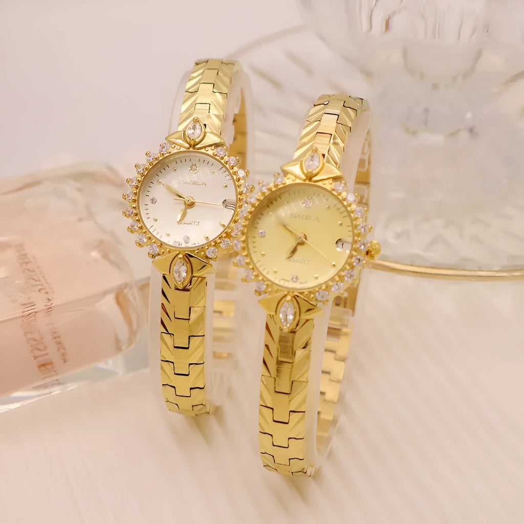 Vintage gold-toned ladies bracelet watch with diamond embossed links and quartz movement