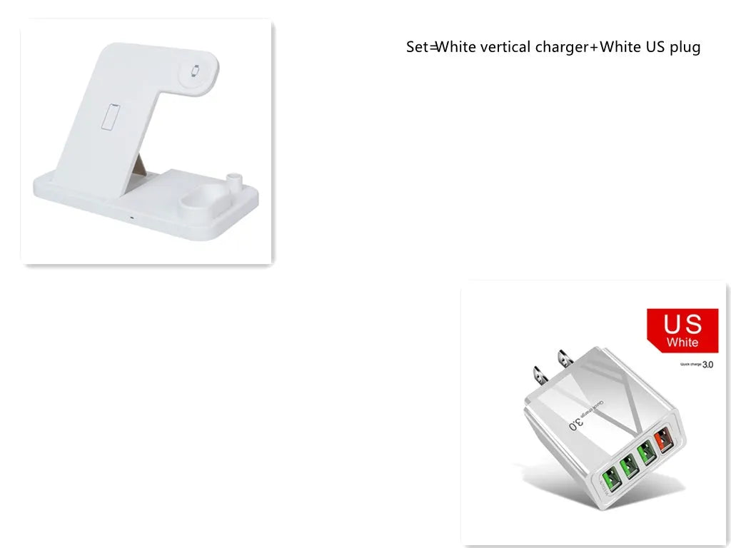 Black 4-in-1 wireless charging station showing phone on adjustable stand, with Apple Watch and AirPods charging.