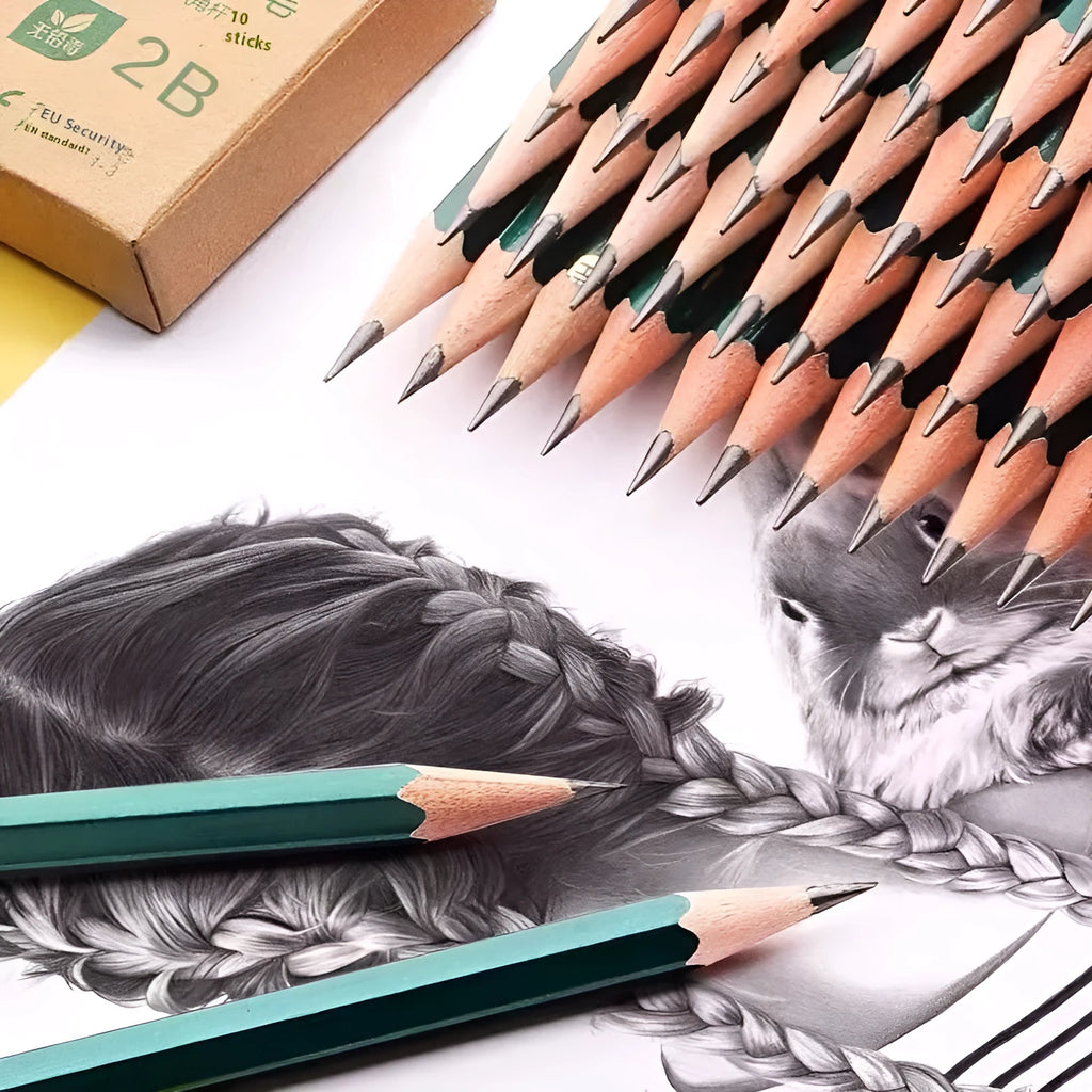 Box of 10 green hexagonal wooden pencils with HB and 2B graphite grades.