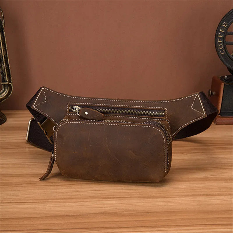 Brown top-layer cowhide leather men's sports waist bag with a zipped closure.