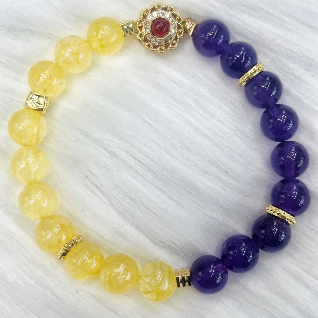 Handmade women's crystal bracelet in yellow and purple colours