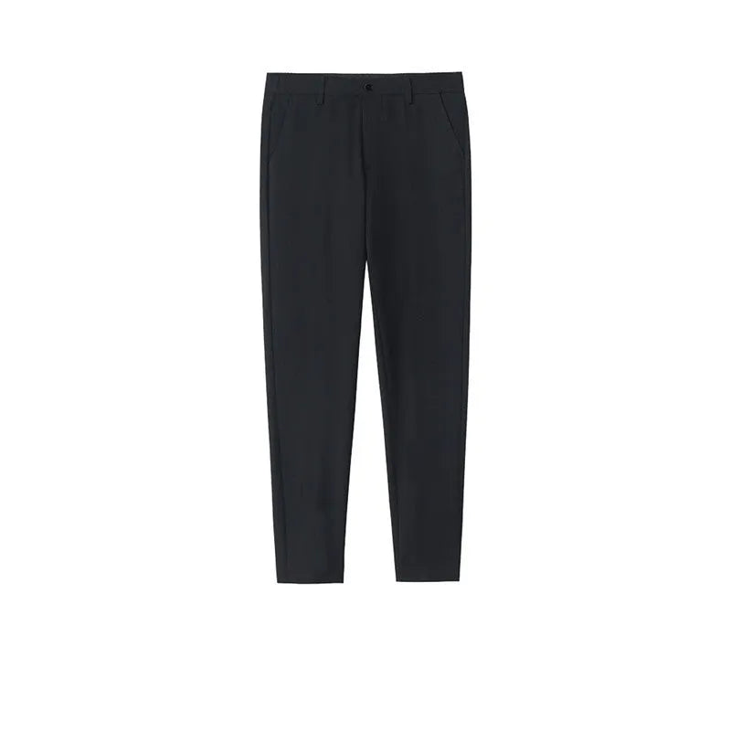 Men's straight-leg cotton trousers with drawstring waist in black, grey, and khaki colours