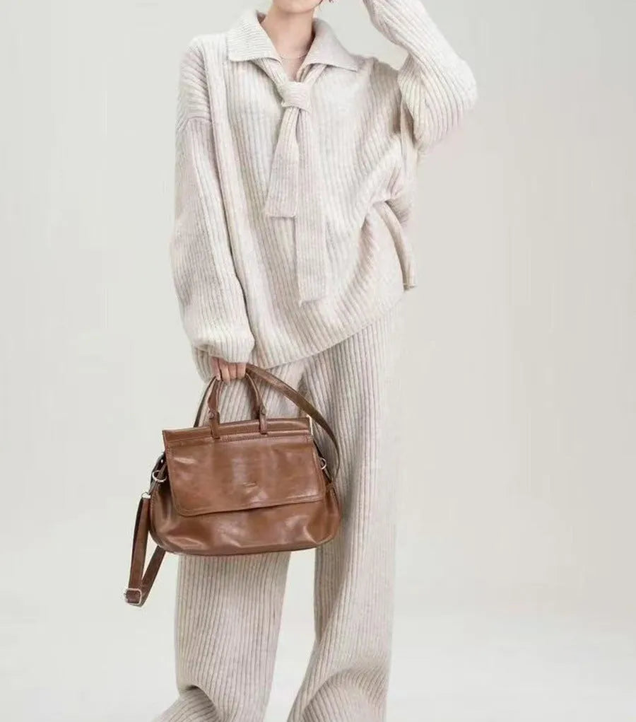 Acrylic imitation cashmere sweater suit two-piece set with collared top and trousers in beige.