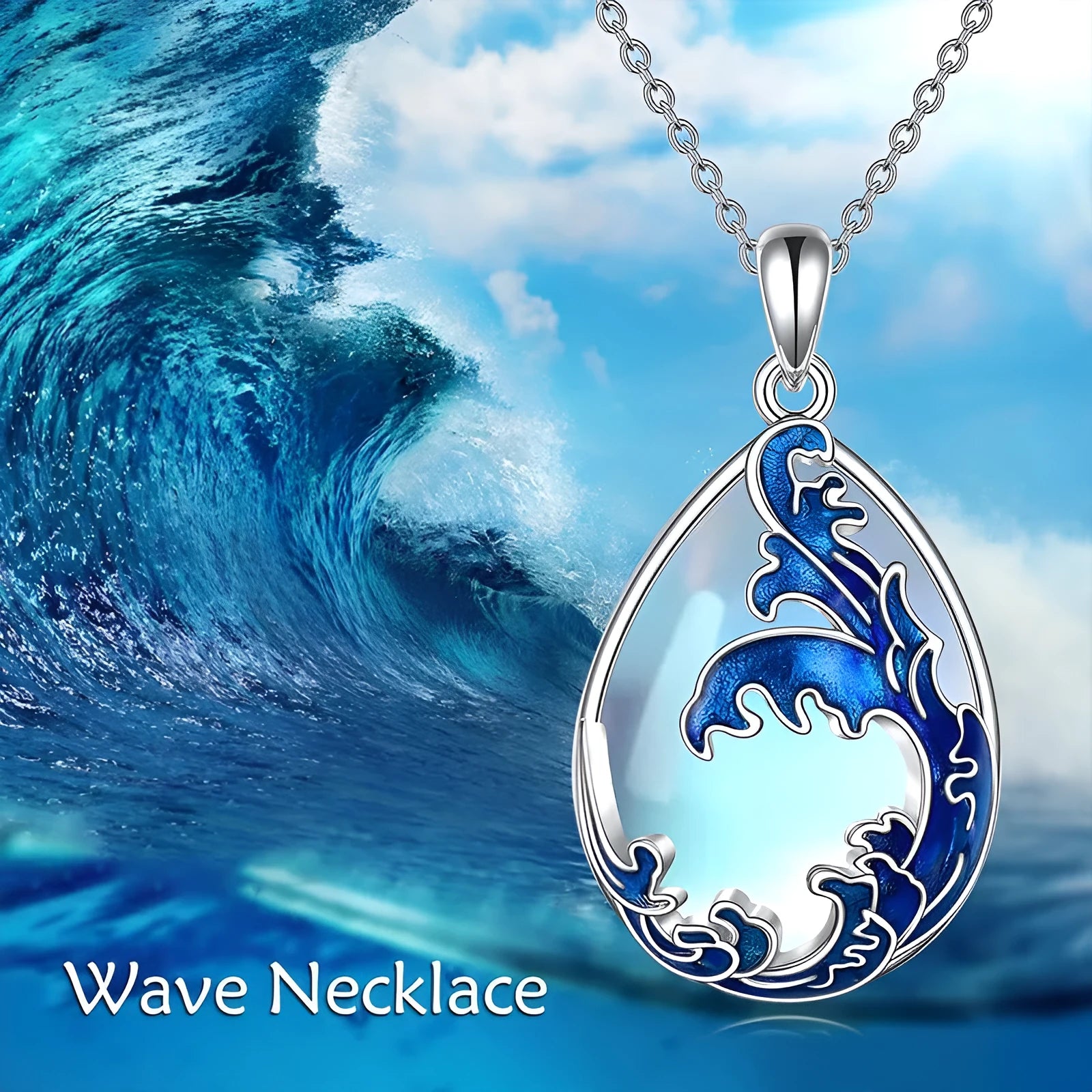 Blue alloy pendant necklace with heart design elements on a metal chain