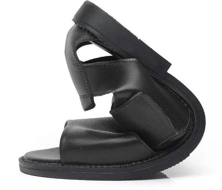 Men's black and brown leather Roman sandals with open toe and rubber sole