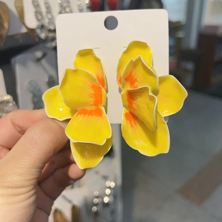 Pastoral style alloy flower stud earrings with oil-spot glaze finish in four colour options