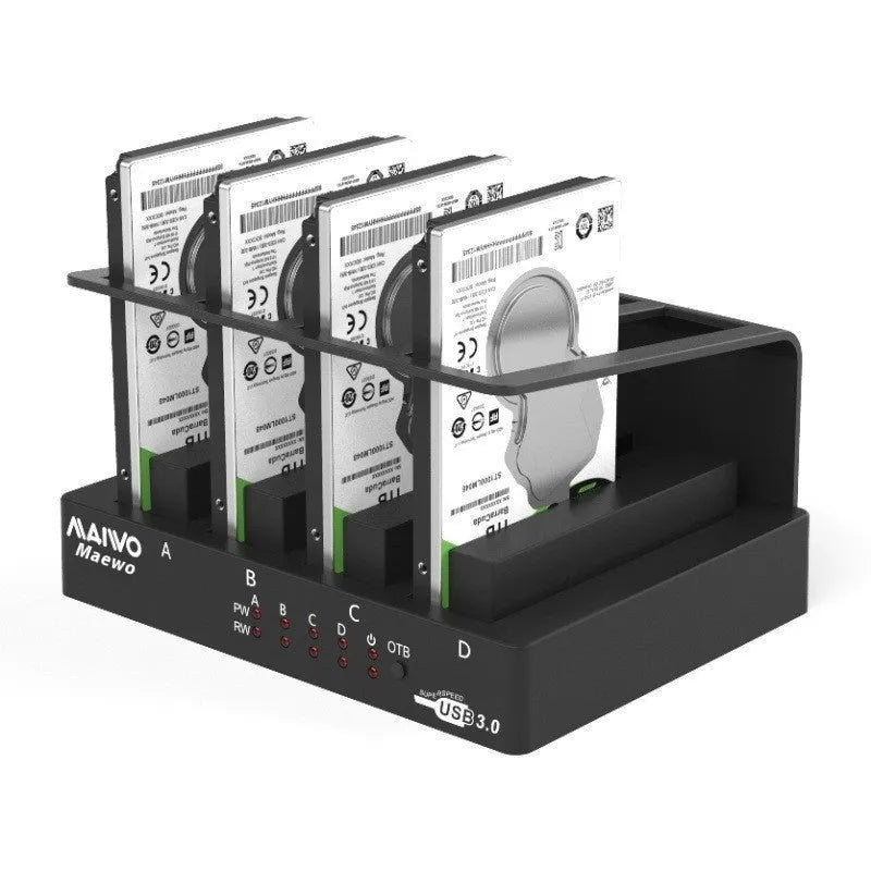 Four-bay external hard drive docking station with cables and four 2.5-inch drive brackets