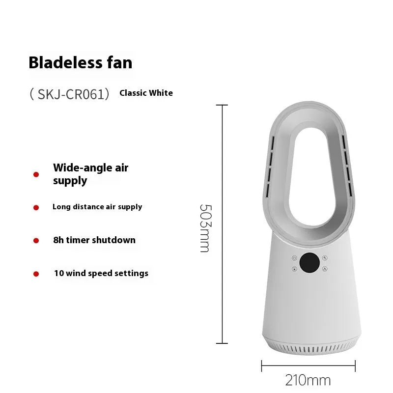 White bladeless tower fan with touch screen display and remote control on a desk.