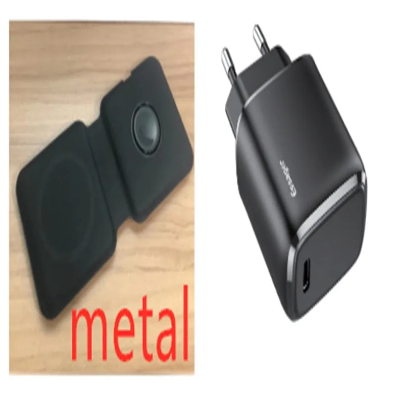 White folding dual magnetic wireless charging dock shown in stand mode with a phone attached.