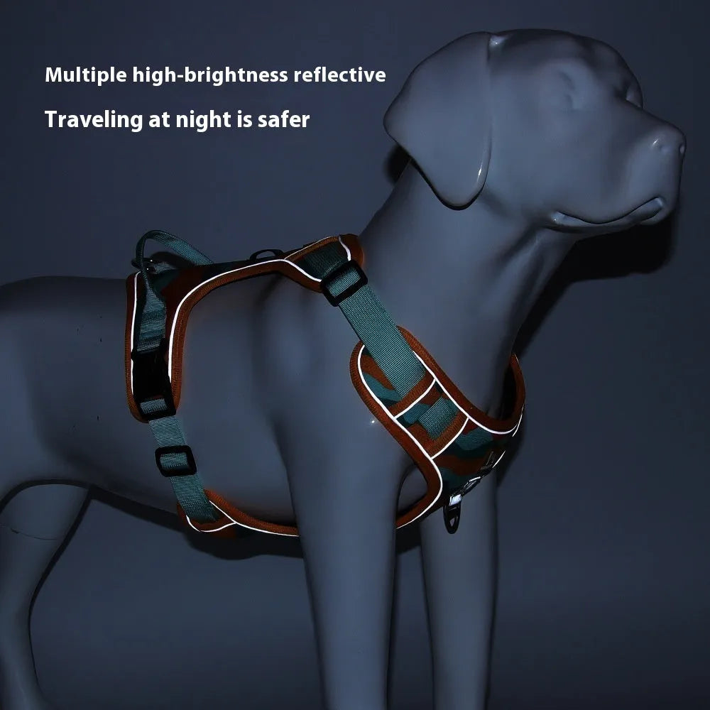 Orange reflective dog walking leash with integrated chest and back harness made from Oxford cloth.