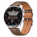 Smartwatch with a 1.32-inch screen on a wrist, showing health data and available in leather, silicone, or steel bands.