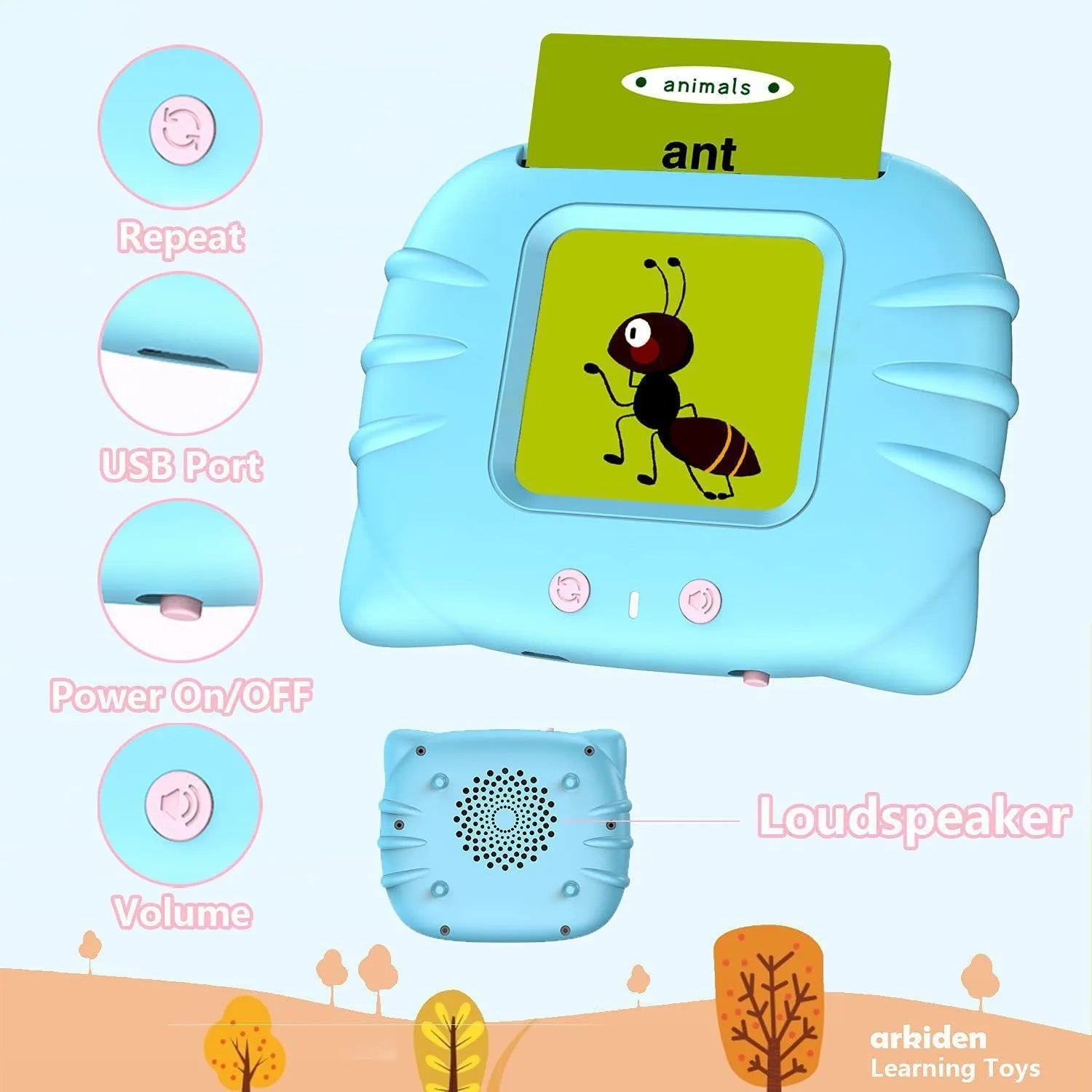 Children's English learning card with audio books showing blue colour option and card insertion
