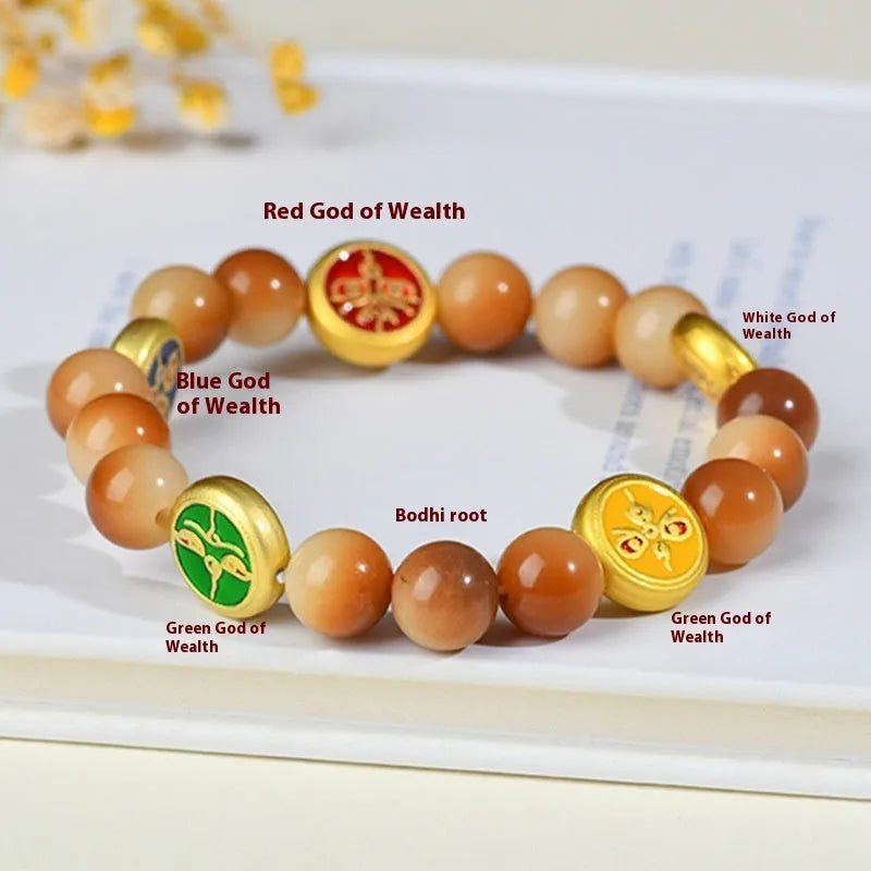 Yellow Bodhi seed bracelet showing five directions geometric design with round beads