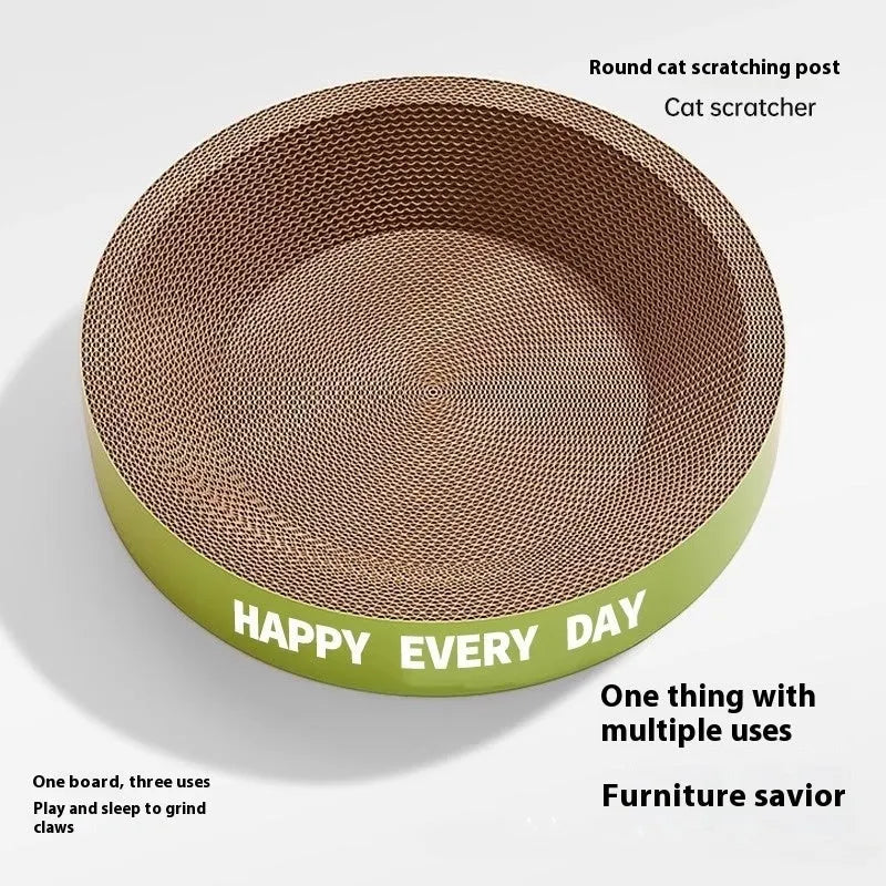 Green round cat nest with integrated scratching board, shown in 50cm and 55cm size options.