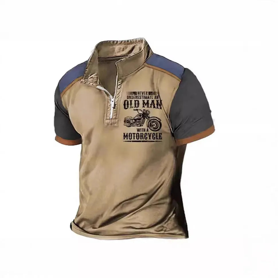 Men's casual polo shirt with digital letter printing, lapel collar, short sleeves, and decorative zippers