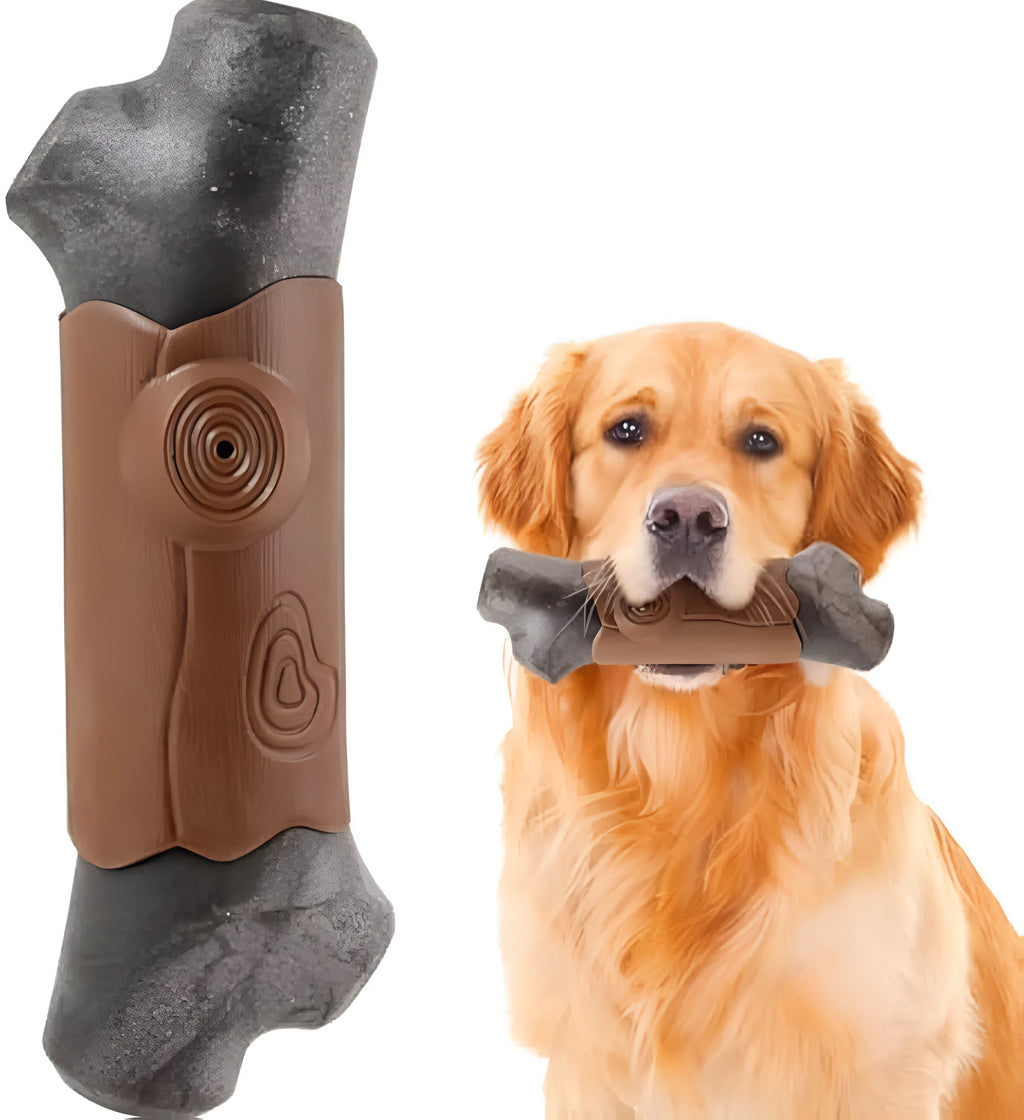 Branch-shaped bacon flavour dog chew toy with squeaker for large aggressive chewers.