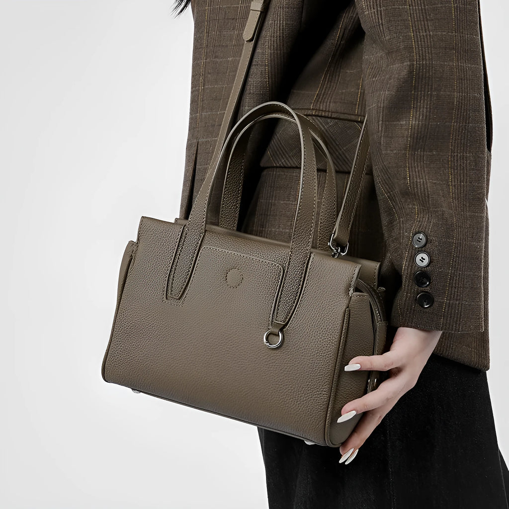 Genuine leather crossbody bag in horizontal square suitcase shape with shoulder strap