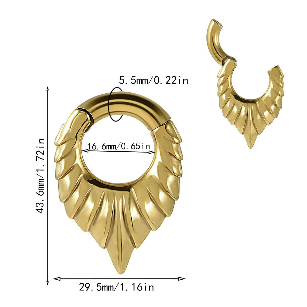 Stainless steel drop-shaped auricle ear extender with round hanging egg design and totem details.