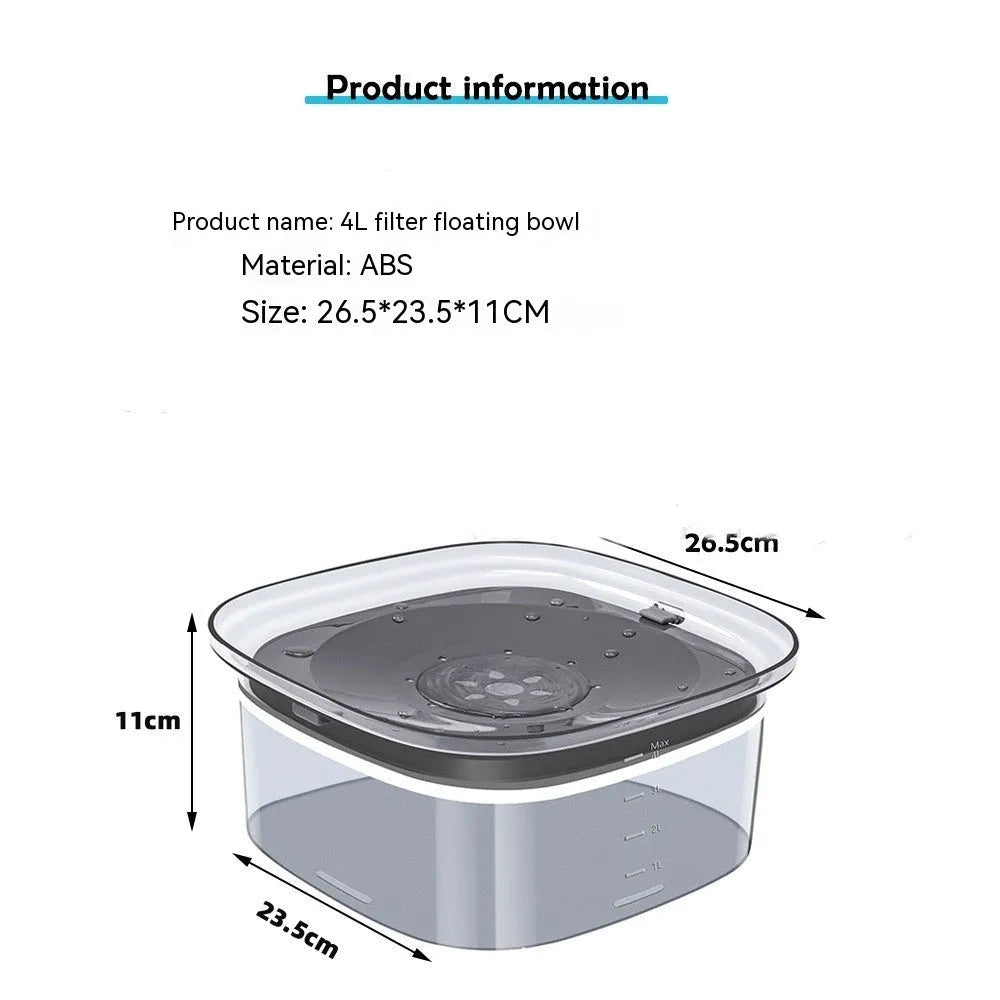 Transparent 2-litre dog water bowl with floating slow-feed disk and non-slip frosted base