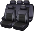 Black artificial leather car seat covers installed on front seats of a 5-seater vehicle.