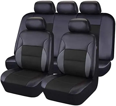 Black artificial leather car seat covers installed on front seats of a 5-seater vehicle.