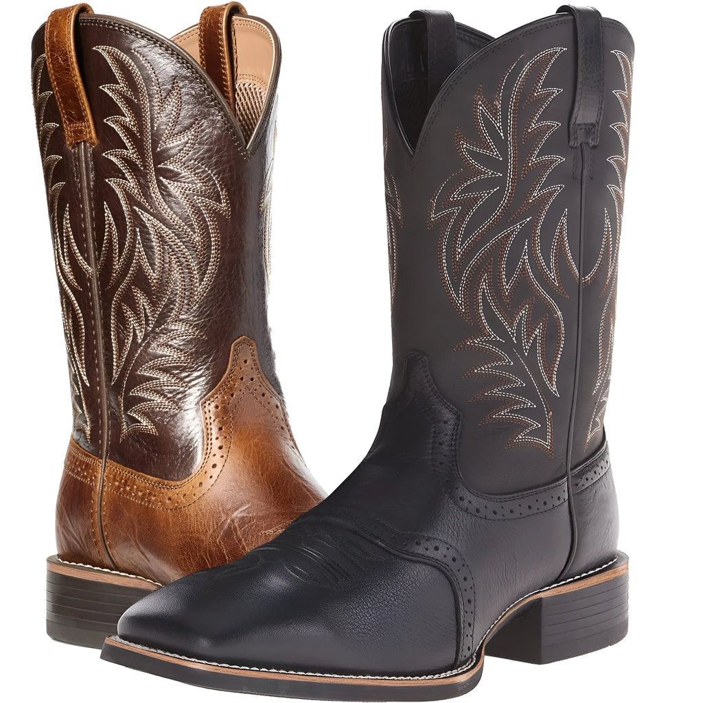 Men's black western cowboy boots with embroidery detail on a square toe and high shaft