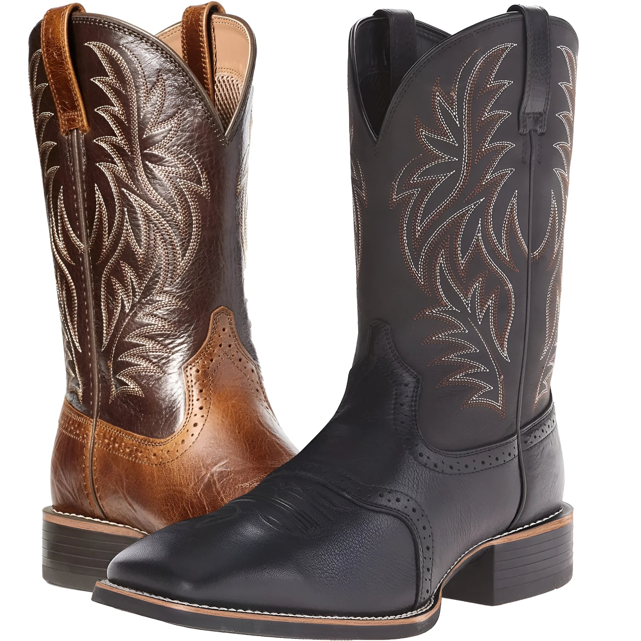 Men's black western cowboy boots with embroidery detail on a square toe and high shaft
