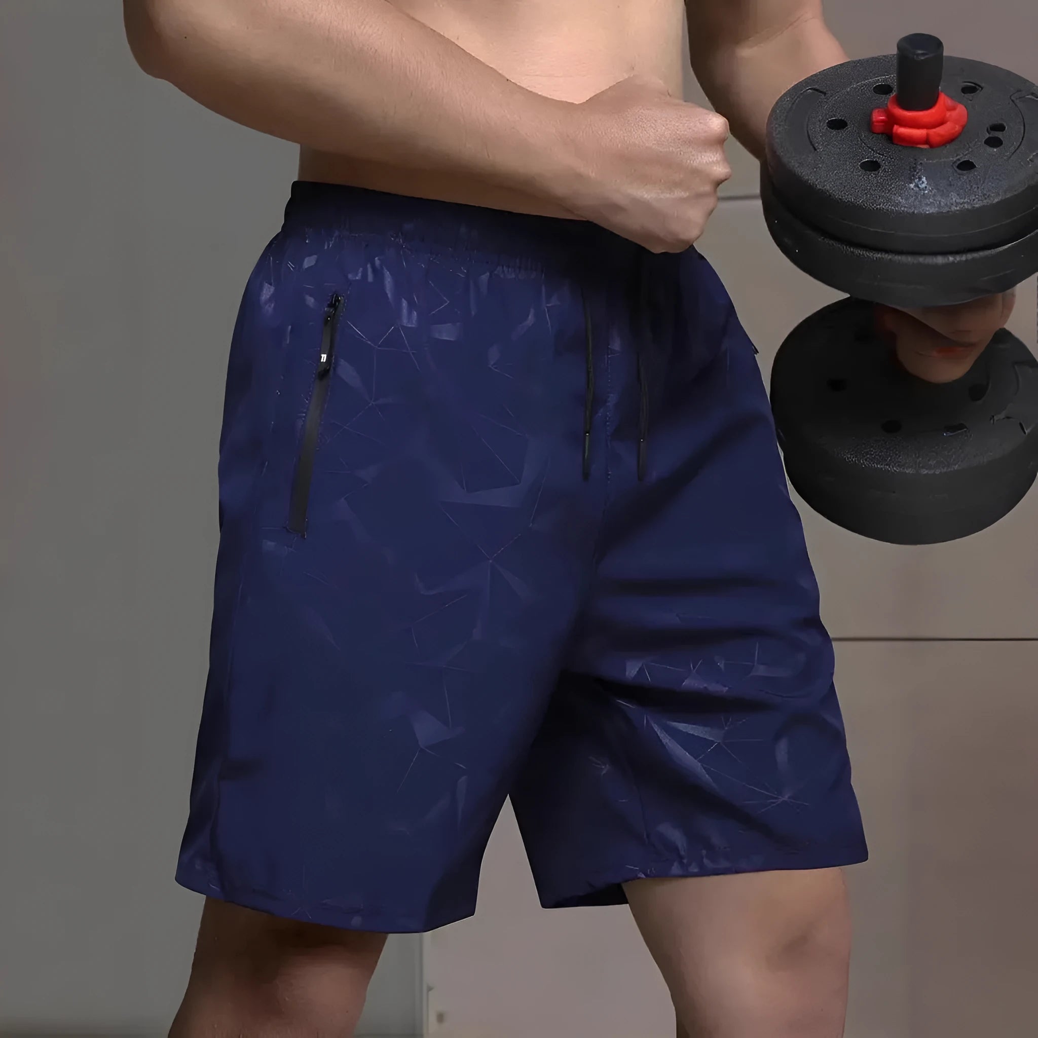 Men's loose fit polyester sports shorts in black, grey or blue colours with elastic waistband