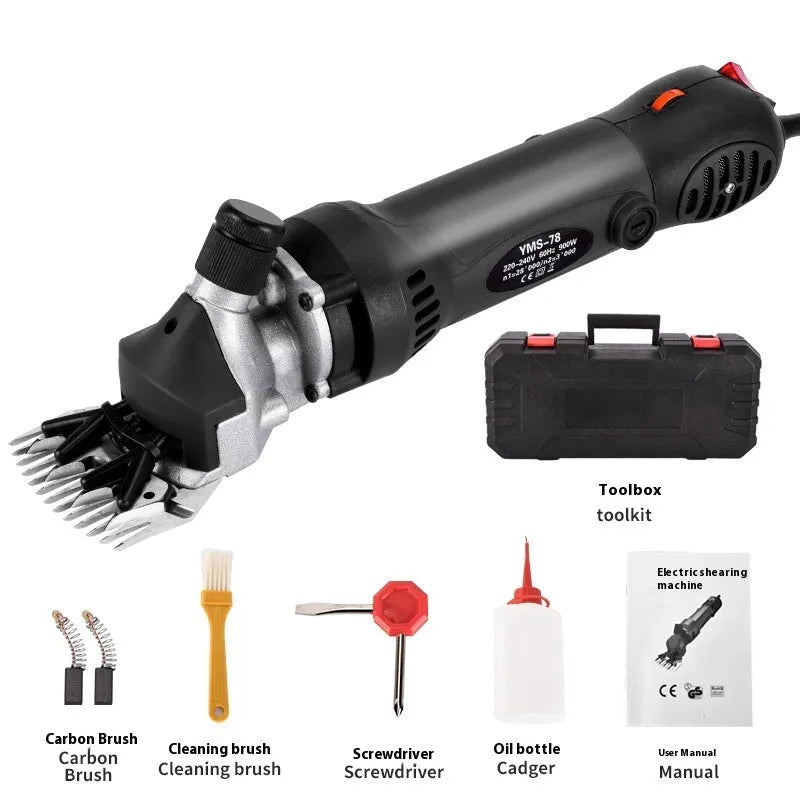 Yellow 110V electric wool shearing machine with multiple blade sets and maintenance tools
