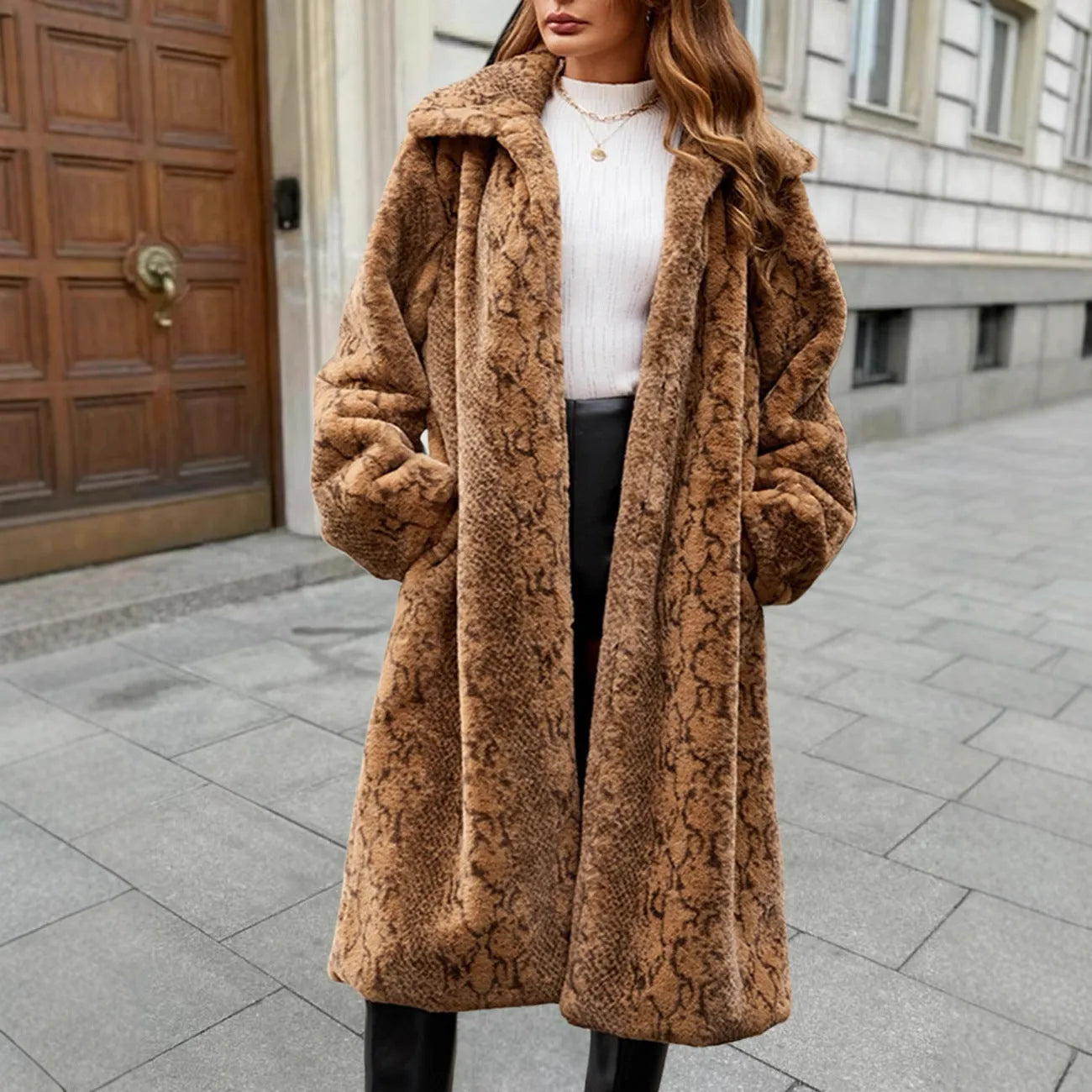 Women's long faux fur coat in leopard print, shown in an 80cm over-the-knee length.