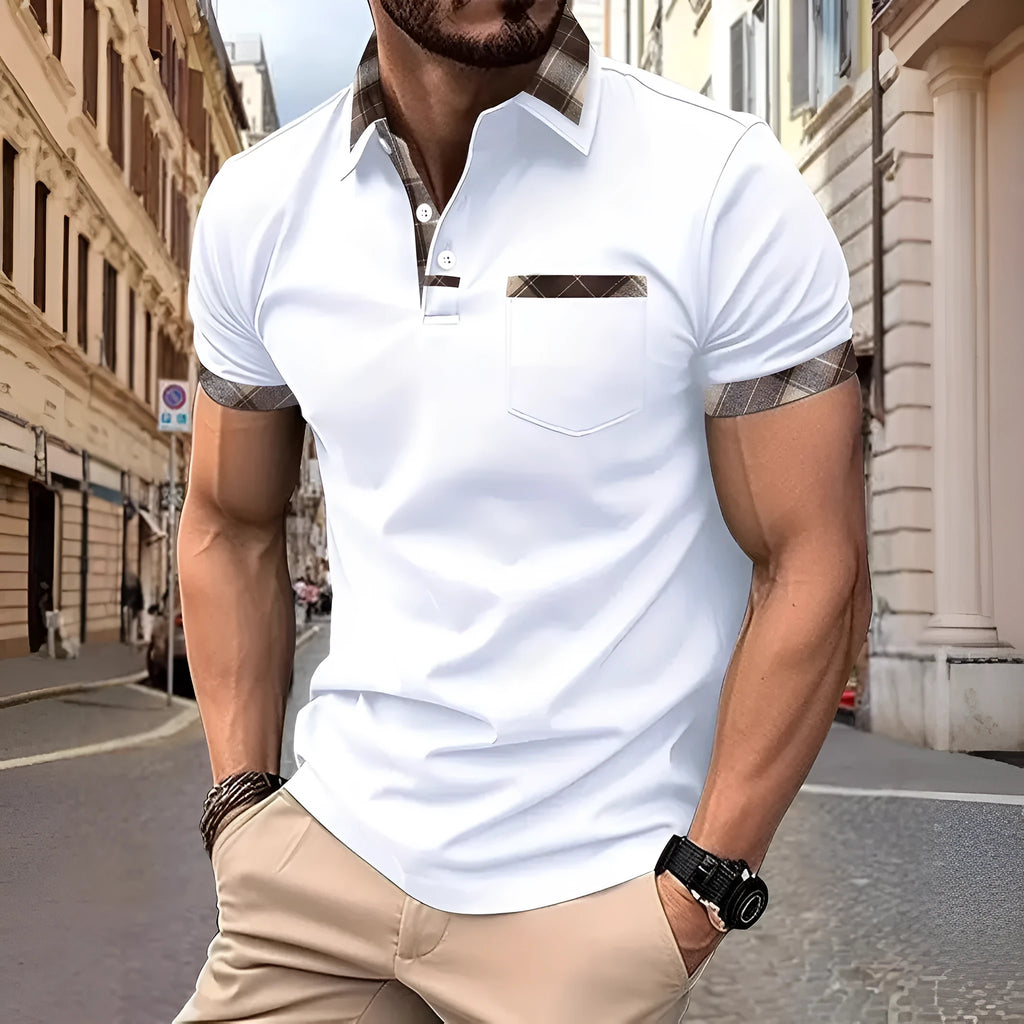 Men's loose fit plaid colourblock t-shirt with short sleeves and zipper decorations in multiple colour options