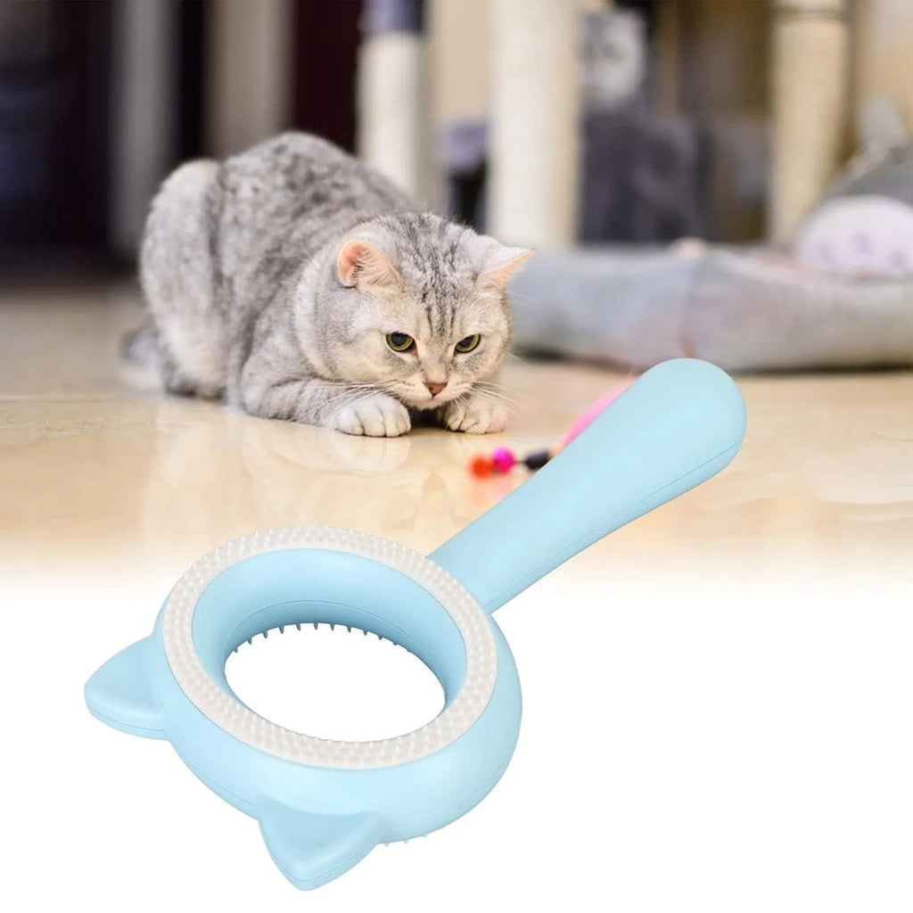 Blue and white double-sided pet grooming brush with comfortable handle for cats and dogs.