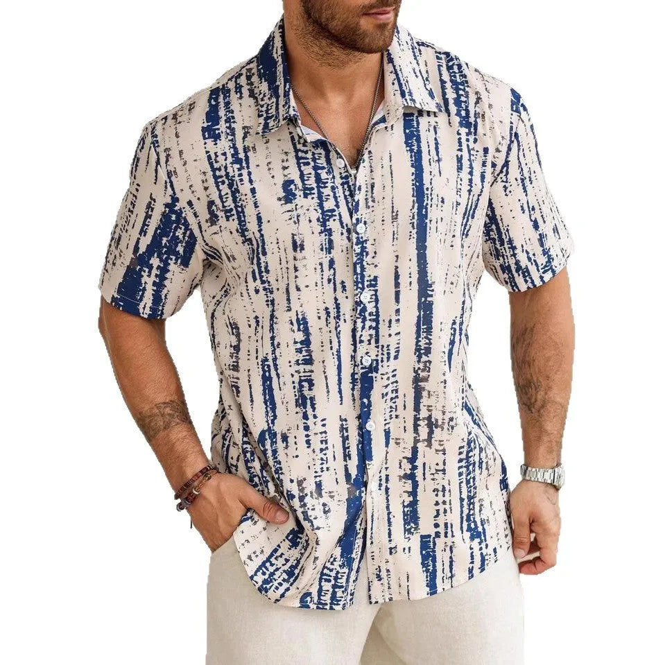 Man wearing a striped 3D printed short sleeve casual shirt in light blue.