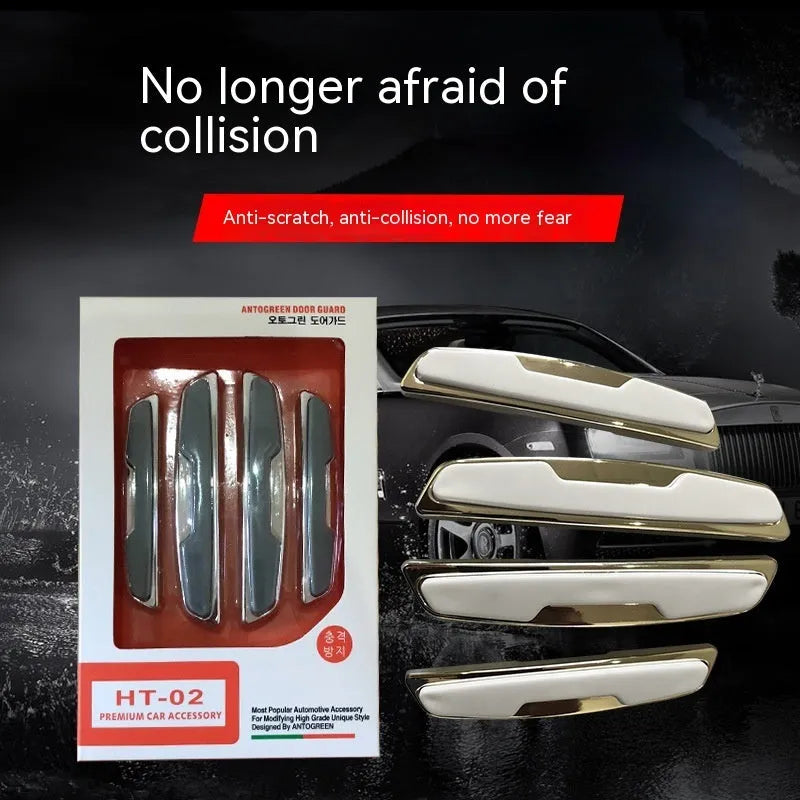Black car door bumper strip set with four plastic silicone protection strips measuring 9.5 by 2 cm