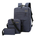 Nylon three-piece laptop bag set with USB charging port in black, grey, navy blue, and wine red.