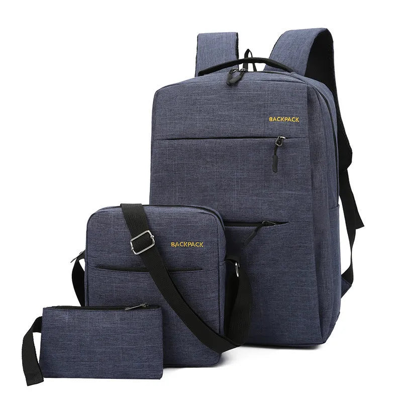 Set of three men's nylon computer bags with USB charging port, shown in black, grey, navy, and wine red colours
