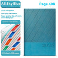 A5 striped PU leather notepad open on a desk showing 80g wood-free paper, available in eight colours.