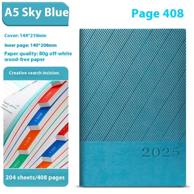 A5 striped PU leather notepad open on a desk showing 80g wood-free paper, available in eight colours.