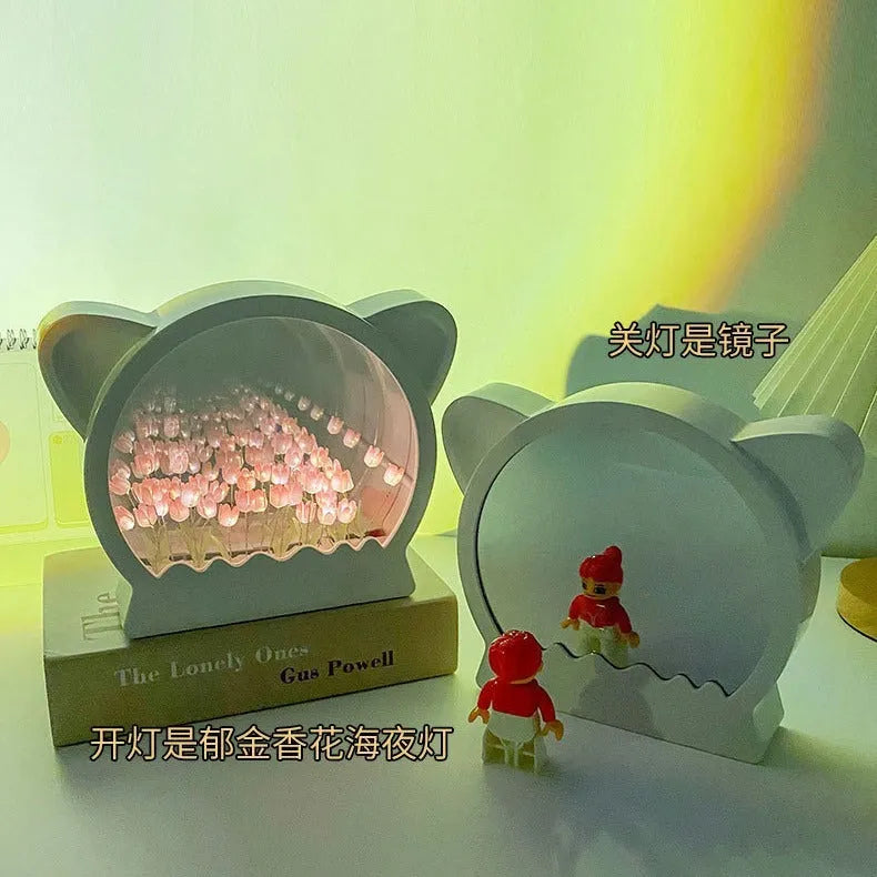 DIY cat head shaped night lamp kit with colourful tulip flowers for self-assembly