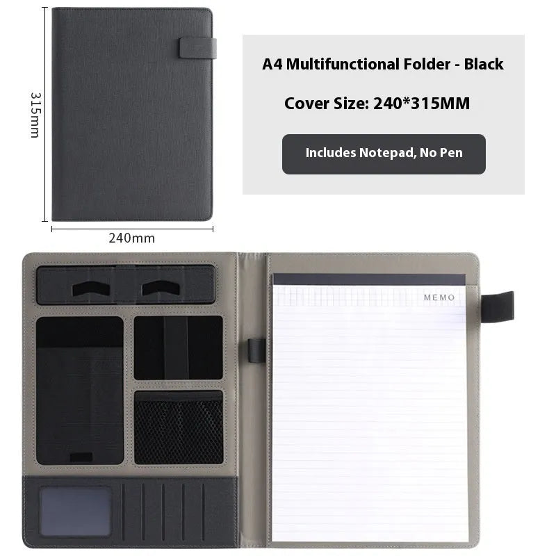 Black leather A4 multifunction folder for documents with optional pen and notepad.