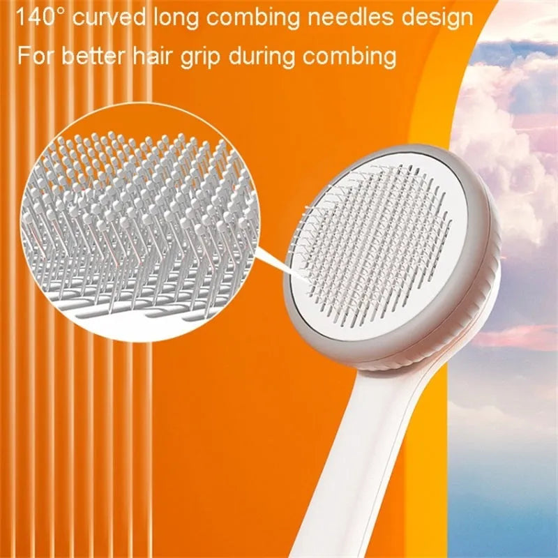Blue and white self-cleaning pet grooming brush for removing tangled hair and loose fur from cats and dogs.