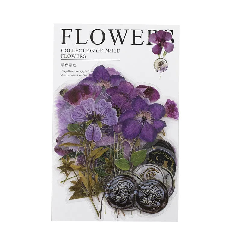 Set of 40 dried flower theme decorative stickers in eight colour styles including purple, blue, orange, and pink.