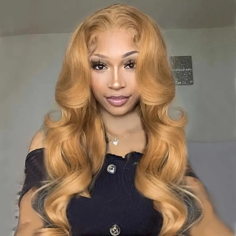 Light brown synthetic wig with golden waves and side bangs in exotic style