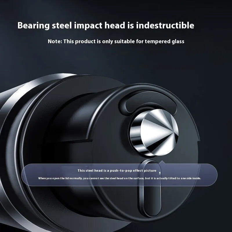Gun grey aluminium alloy automobile safety hammer with belt cutter on a 3M rubber base.