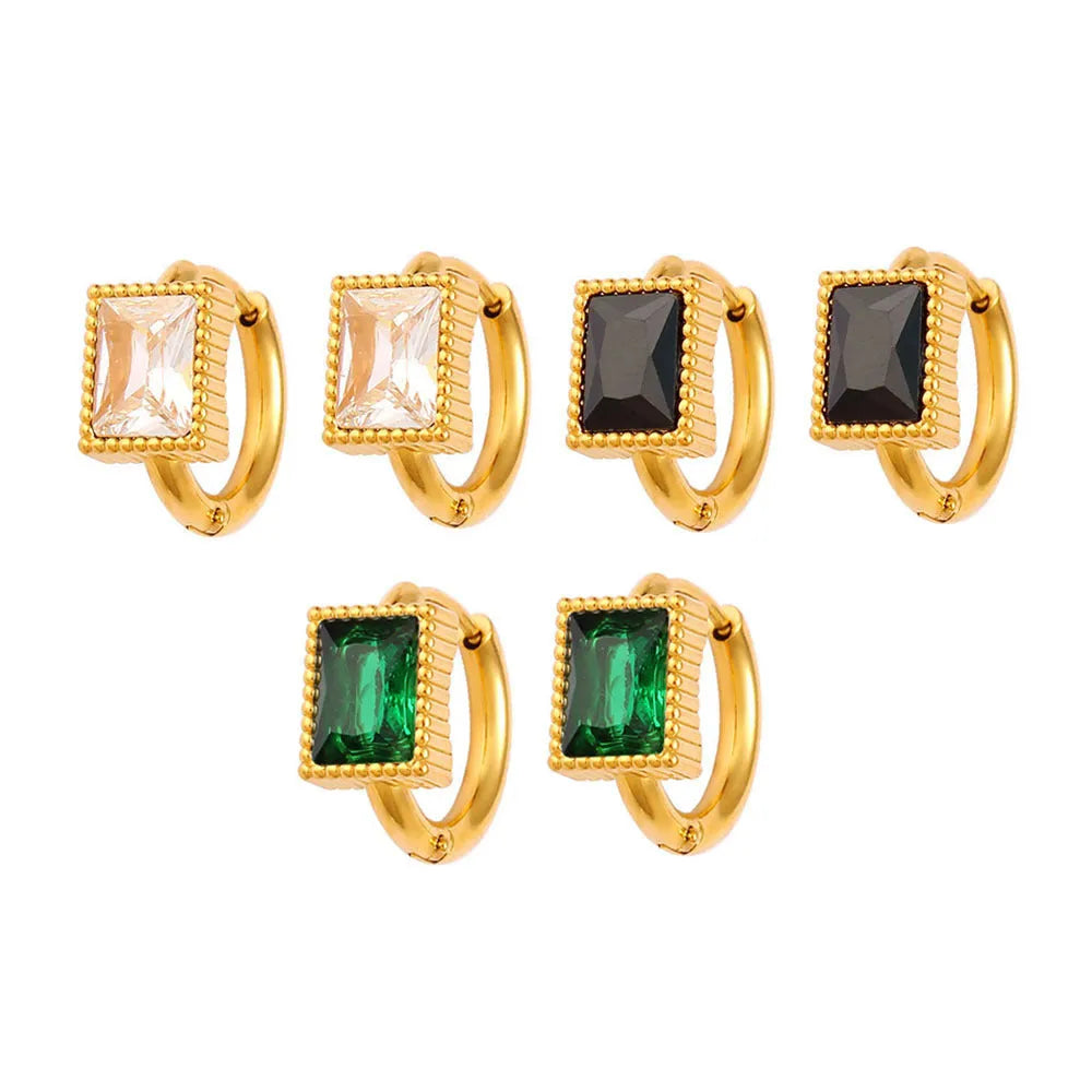 A pair of square geometric zircon stainless steel earrings on a white background.