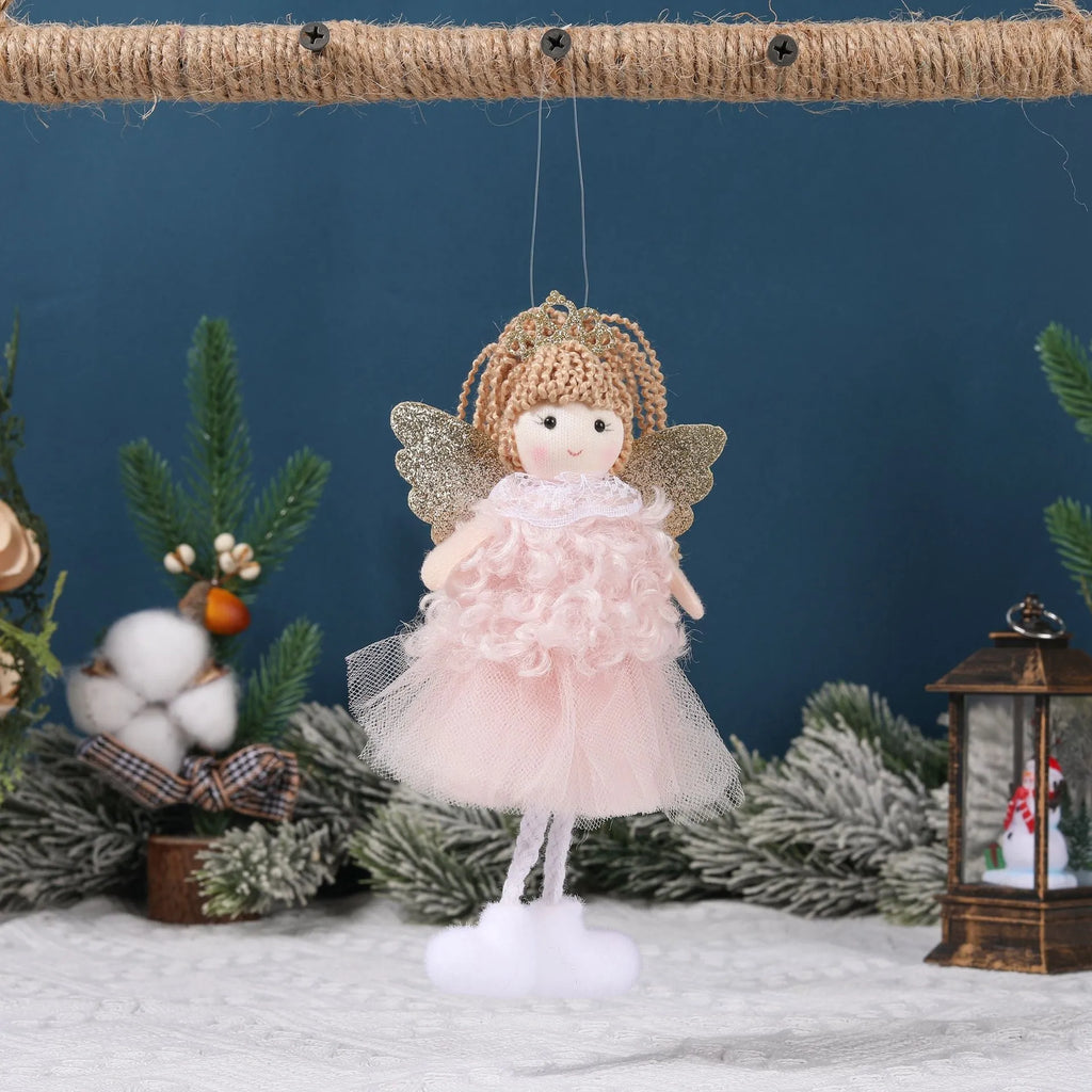 Cartoon angel fabric pendant hair clip for girls' Christmas high ponytail in white, pink, or khaki.