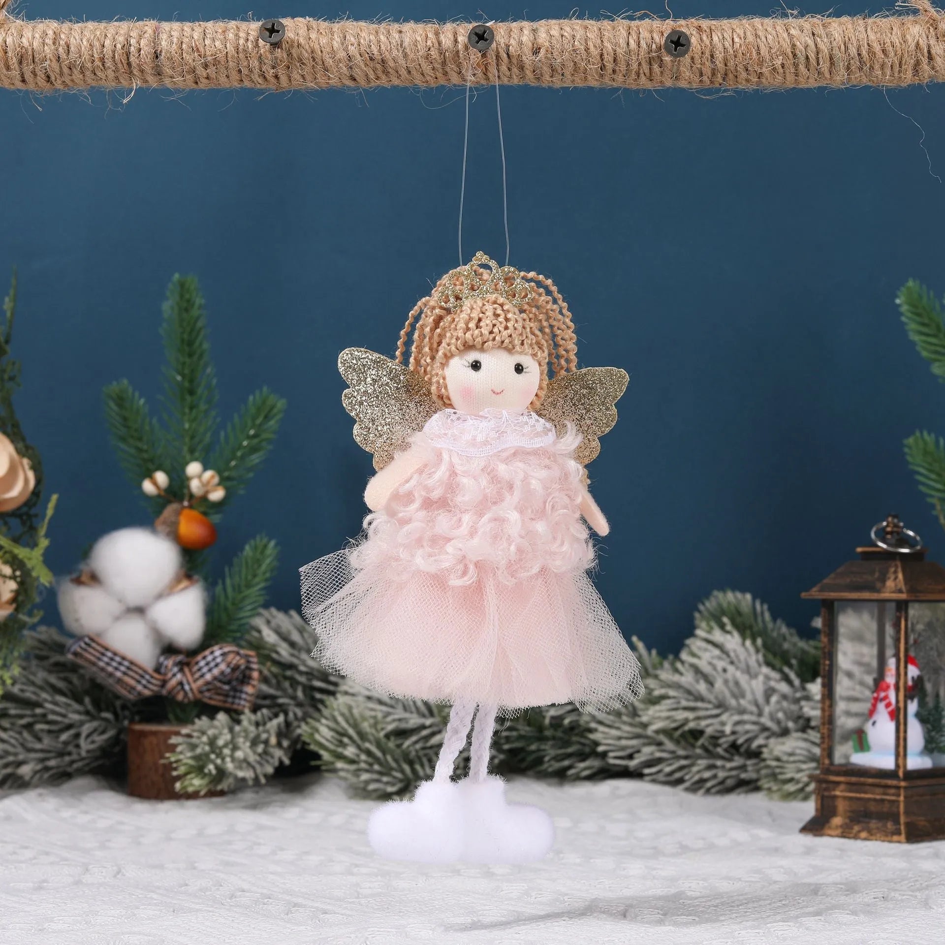 Cartoon angel fabric pendant hair clip for girls' Christmas high ponytail in white, pink, or khaki.