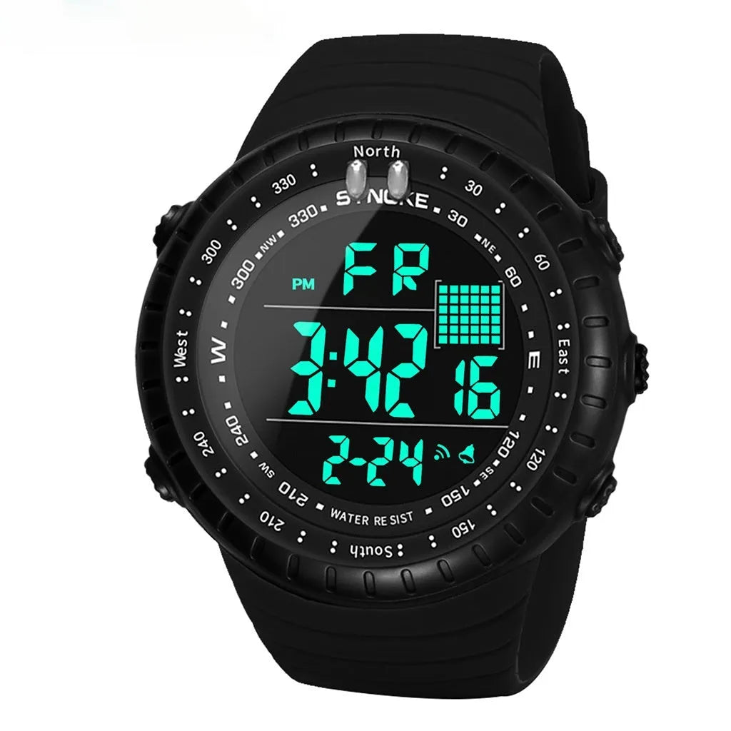 Black mens outdoor electronic watch with plastic case and PU strap showing 54.74mm dial