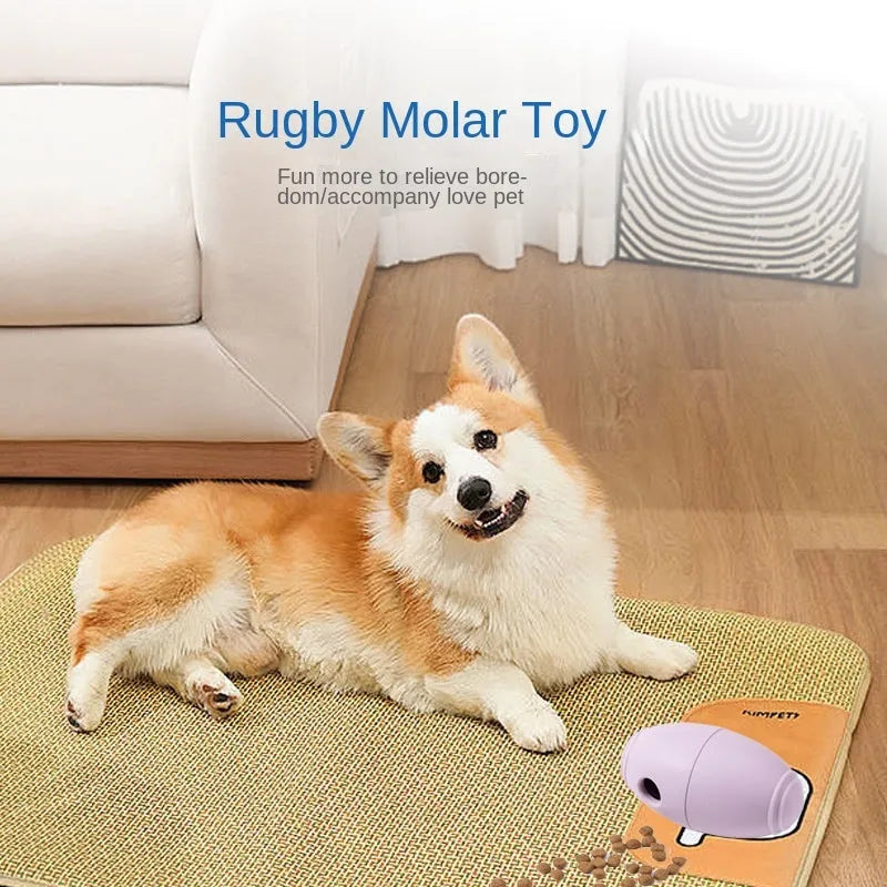 Silicone rugby ball dog toy with treat holes in blue colour